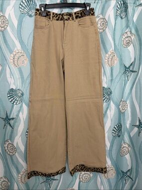 High-Rise Khaki Wide-Leg Jeans with Leopard Trim